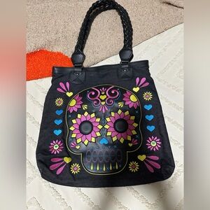 Loungefly Black Tote with Colorful Sugar Skull Design